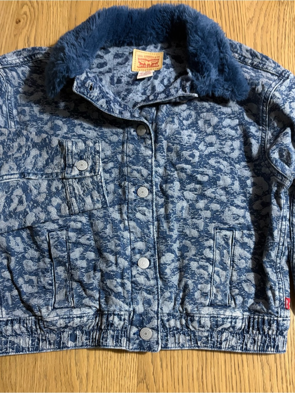 Levi's Kids Blue Patterned Denim Jacket with Navy Fuzzy Collar